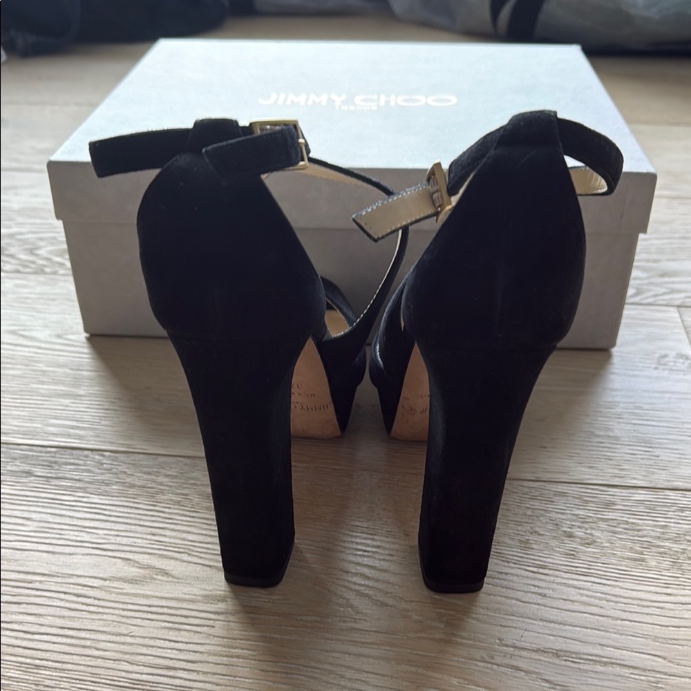 Jimmy Choo Black Suede Platform Heels 7.5 - Picture 10 of 12